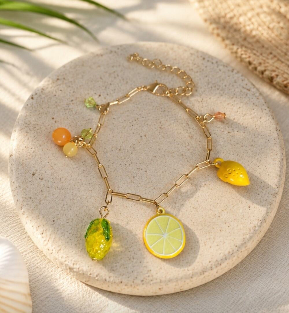 Stainless Steel Gold Lemon Charm Bracelet New